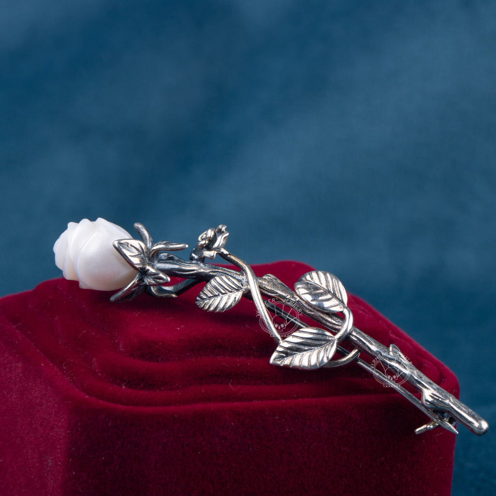 carved pearl brooch rose shape freshwater pearl branch shape sterling silver gothic jewelry for lover