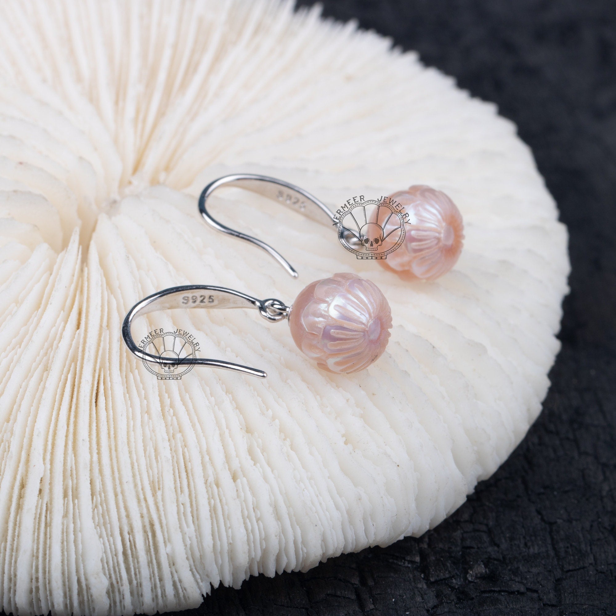 pearl carved earring rose freshwater pearl handmade 925 silver earring hoop bridal gift for wedding