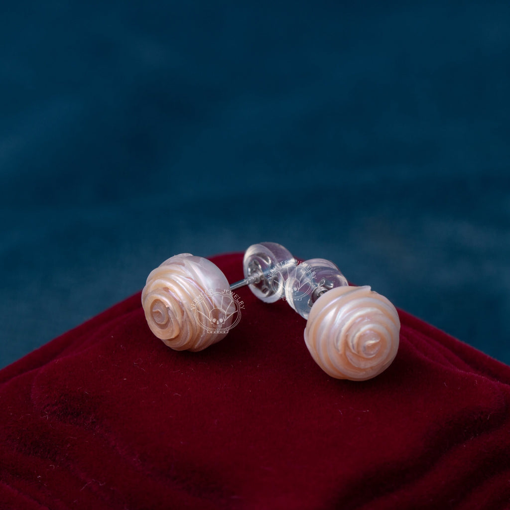 pearl carved earring rose freshwater pearl 9-11mm handmade 925 silver earring stud bridal gift for wedding