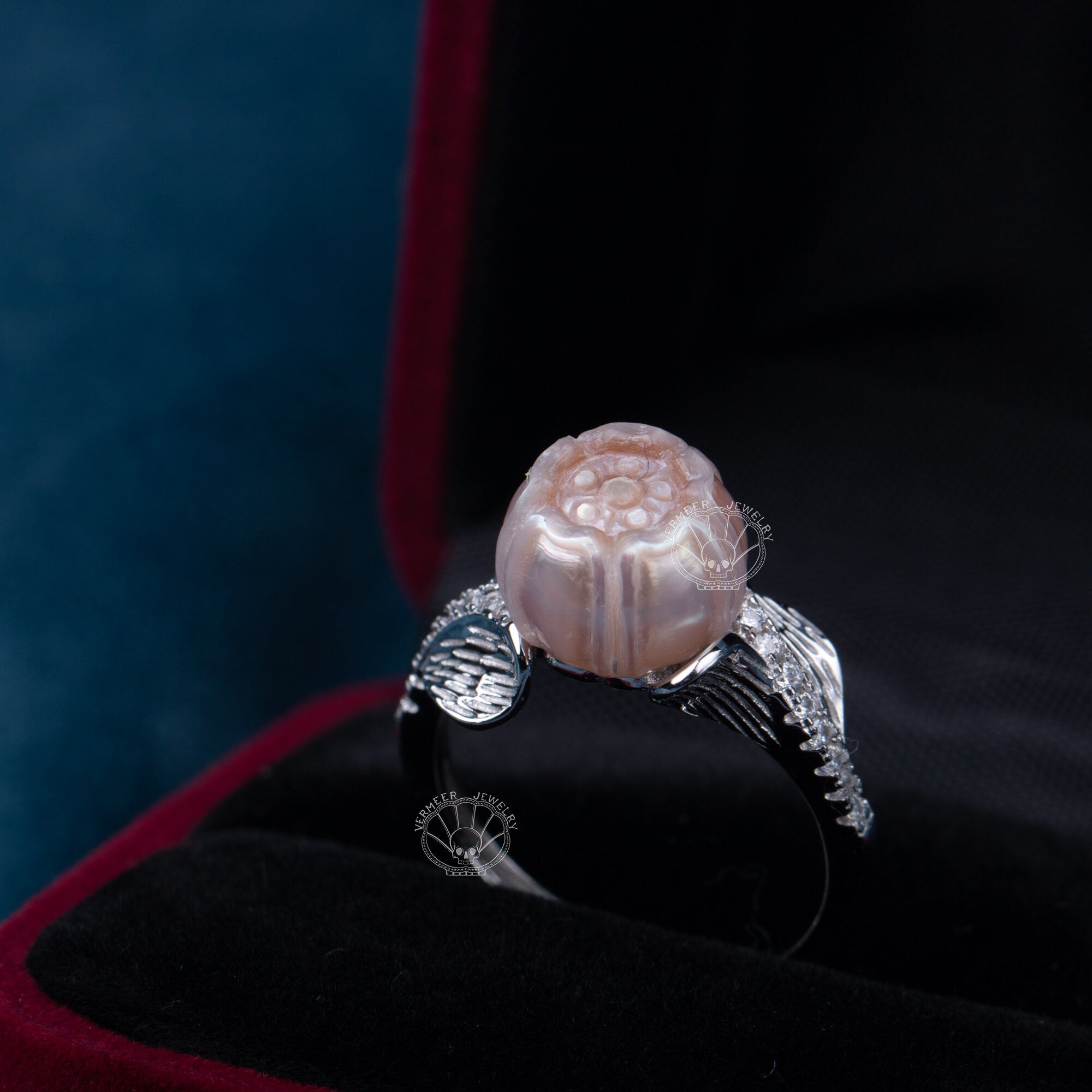 blooming pearl ring carved flower pearl freshwater pearl lotus shape 925silver engagement ring with zircon