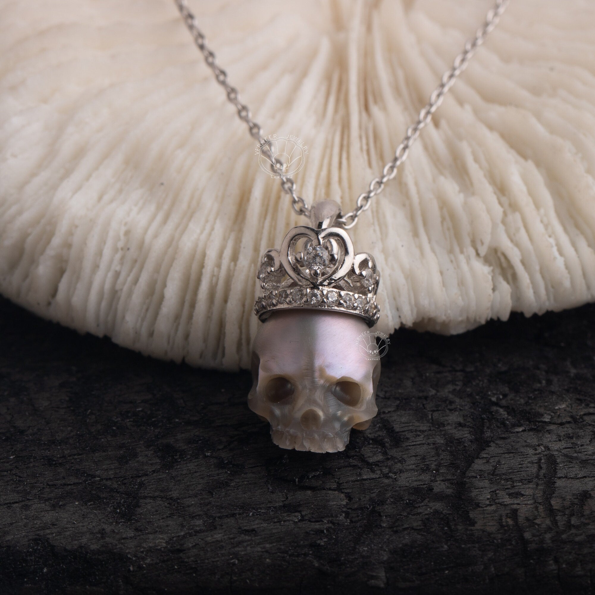 Heart Crown Necklace skull carved pearl S925 silver necklace