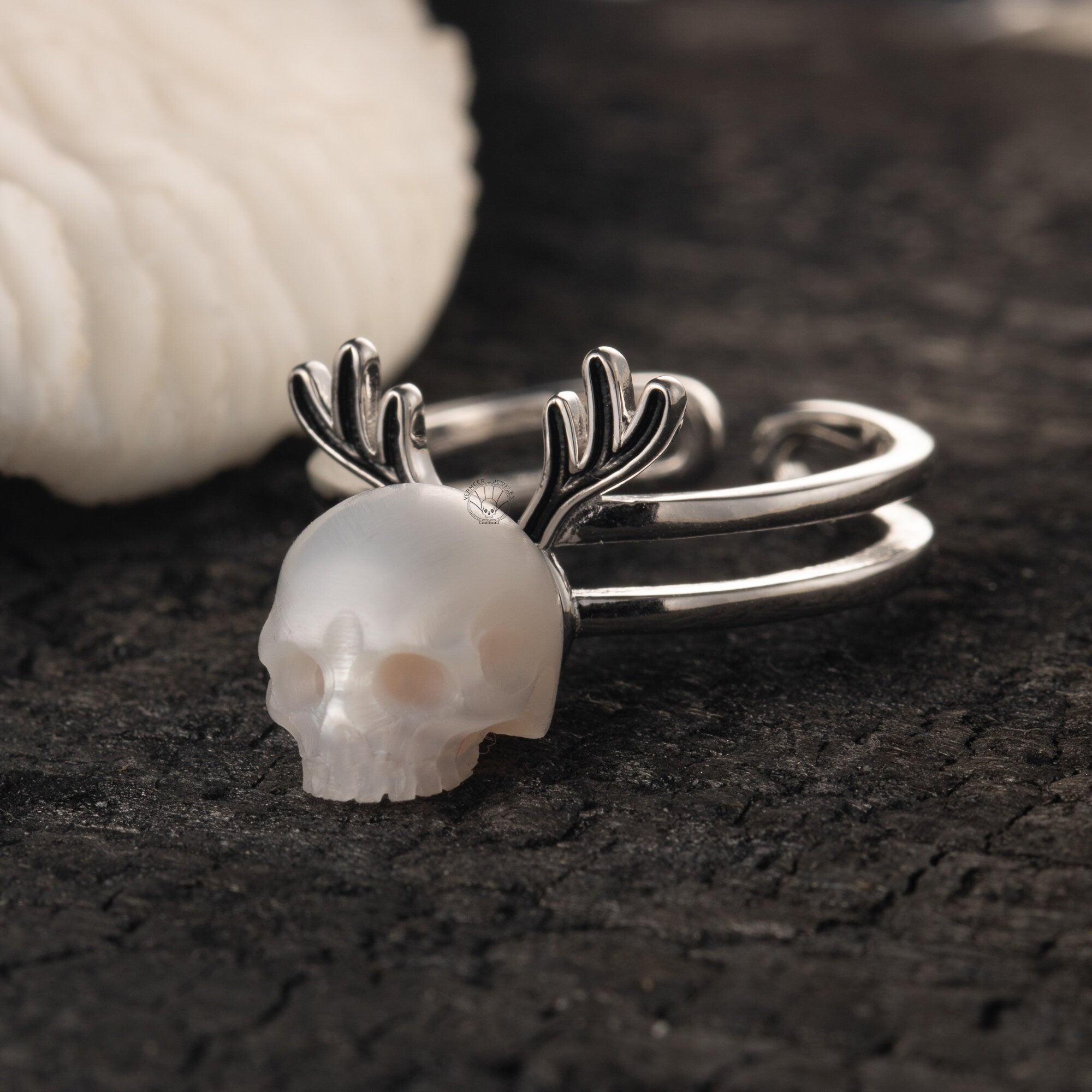 Deer Horn Ring handmade 925 silver skull carved pearl ring