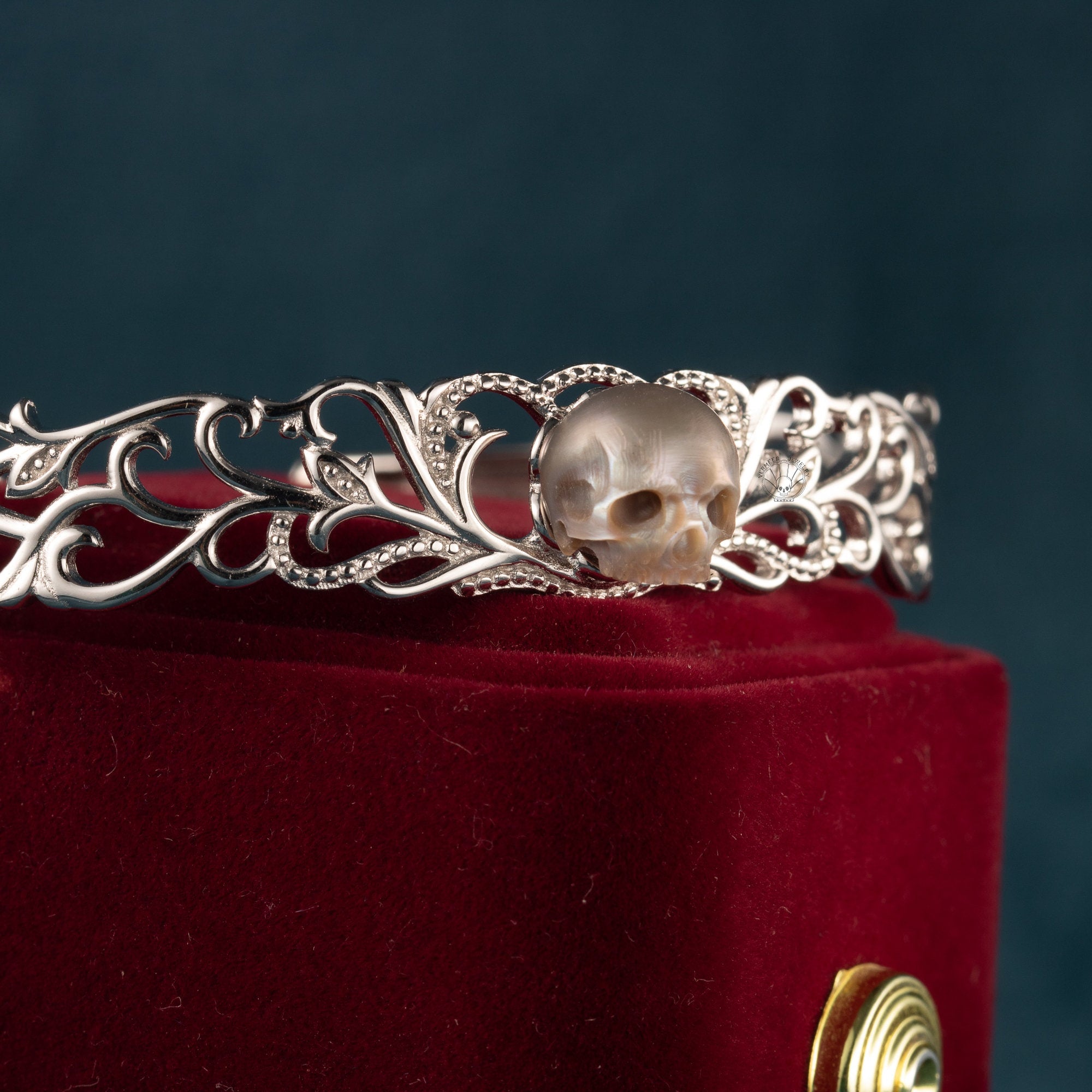 skull carved pearl bracelet handmade flower shape bangle sterling silver gothic jewelry for lover