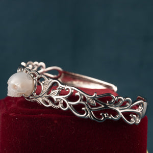 Open image in slideshow, skull carved pearl bracelet handmade flower shape bangle sterling silver gothic jewelry for lover
