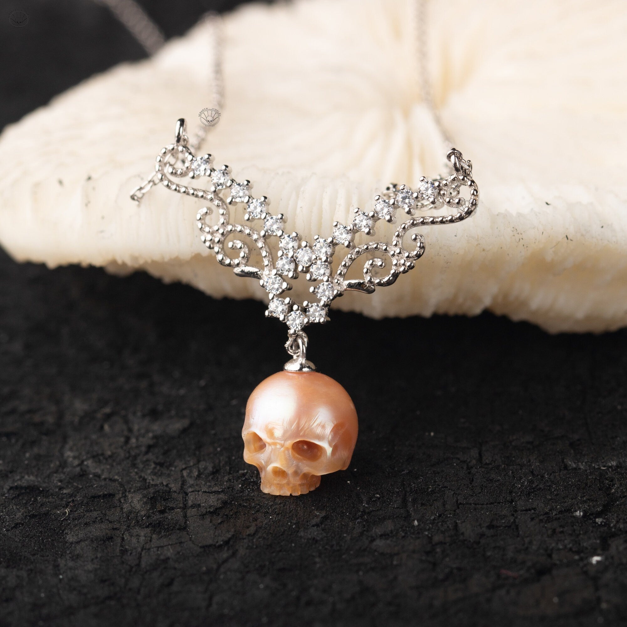 skull carved pearl necklace princess necklace white orange and purple freshwater pearl 11-13mm handmade 925silver  with zircon for wedding