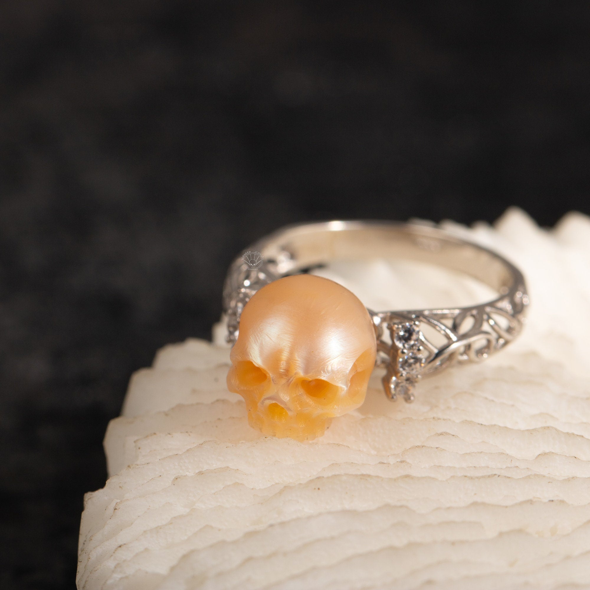 Secret Garden Ring handmade 925 silver skull carved pearl ring