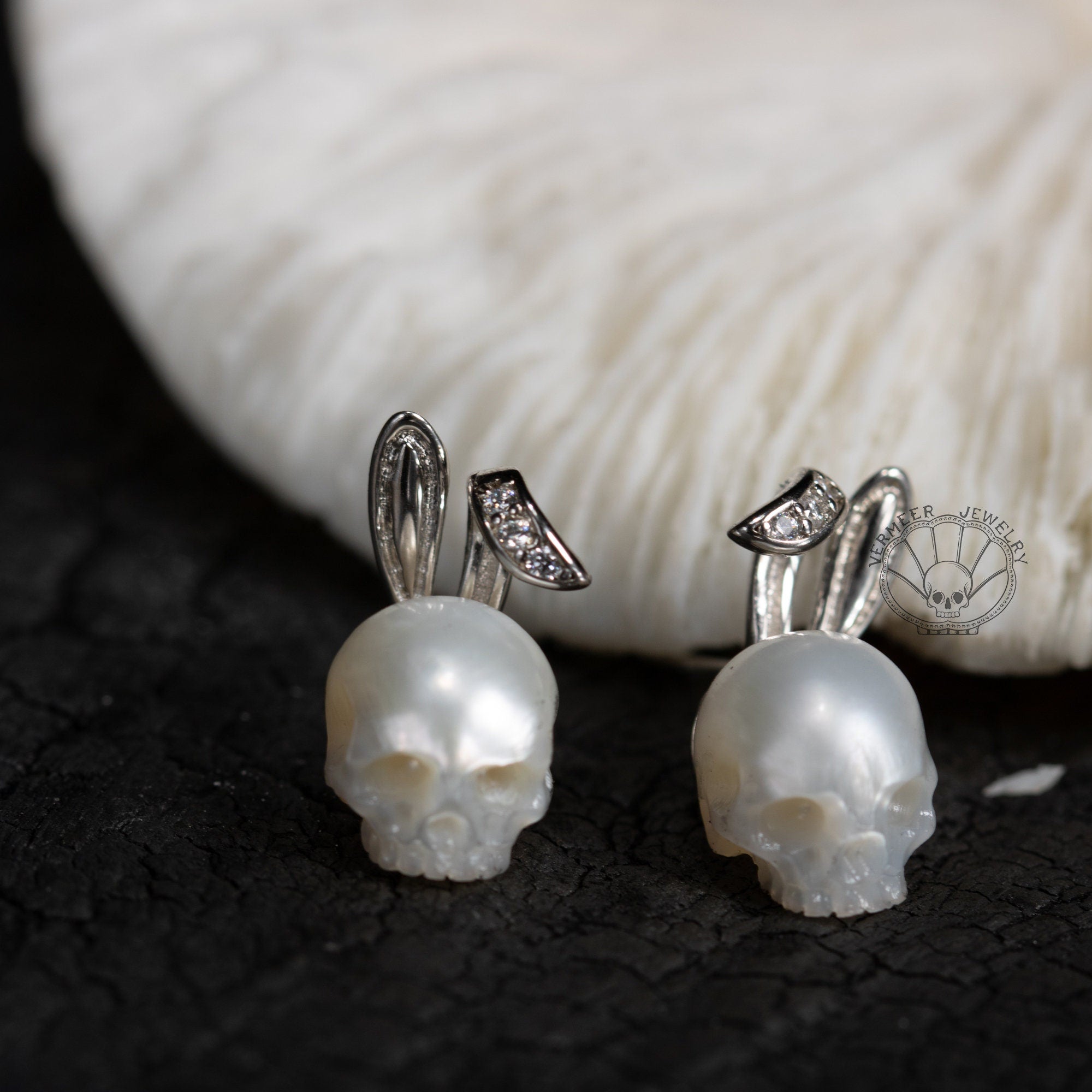skull carved pearl jewelry little bunny shape cute 925 silver earring necklace gift for halloween