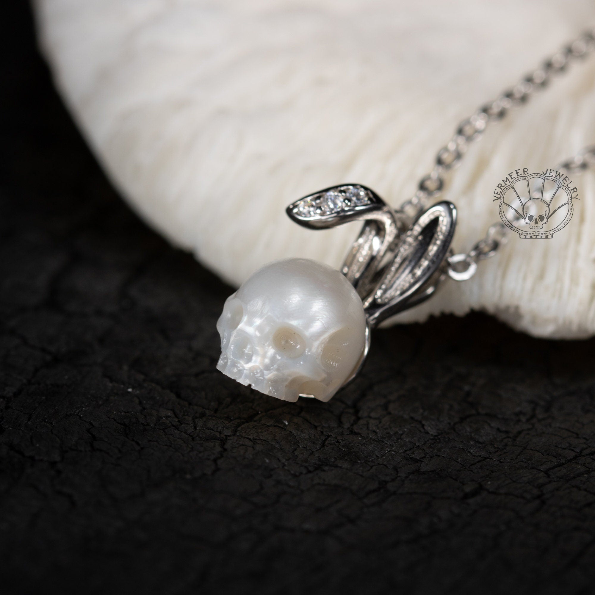 skull carved pearl jewelry little bunny shape cute 925 silver earring necklace gift for halloween
