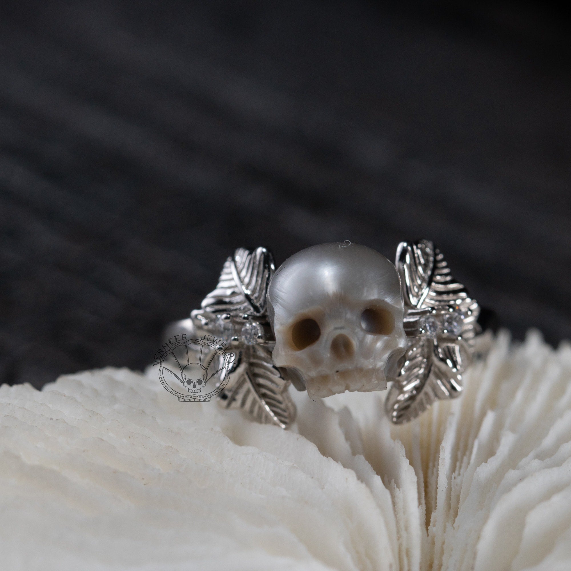 skull carved pearl ring gift for her unique ring autumn leaf shape ring with zircon rings for women handmade 925 silver engagement ring.jpg