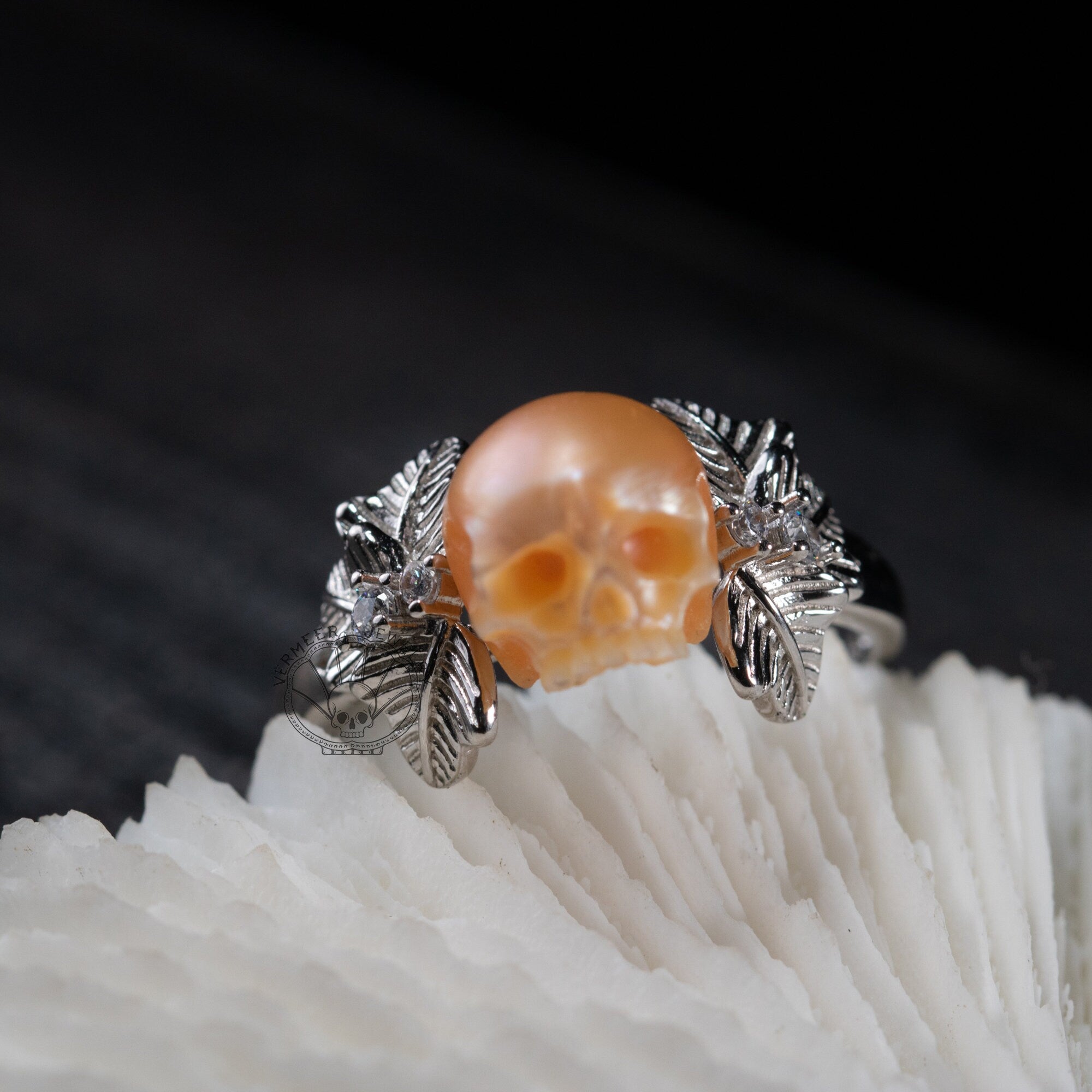 skull carved pearl ring autumn leaf shape ring with zircon handmade 925 silver engagement ring for wedding