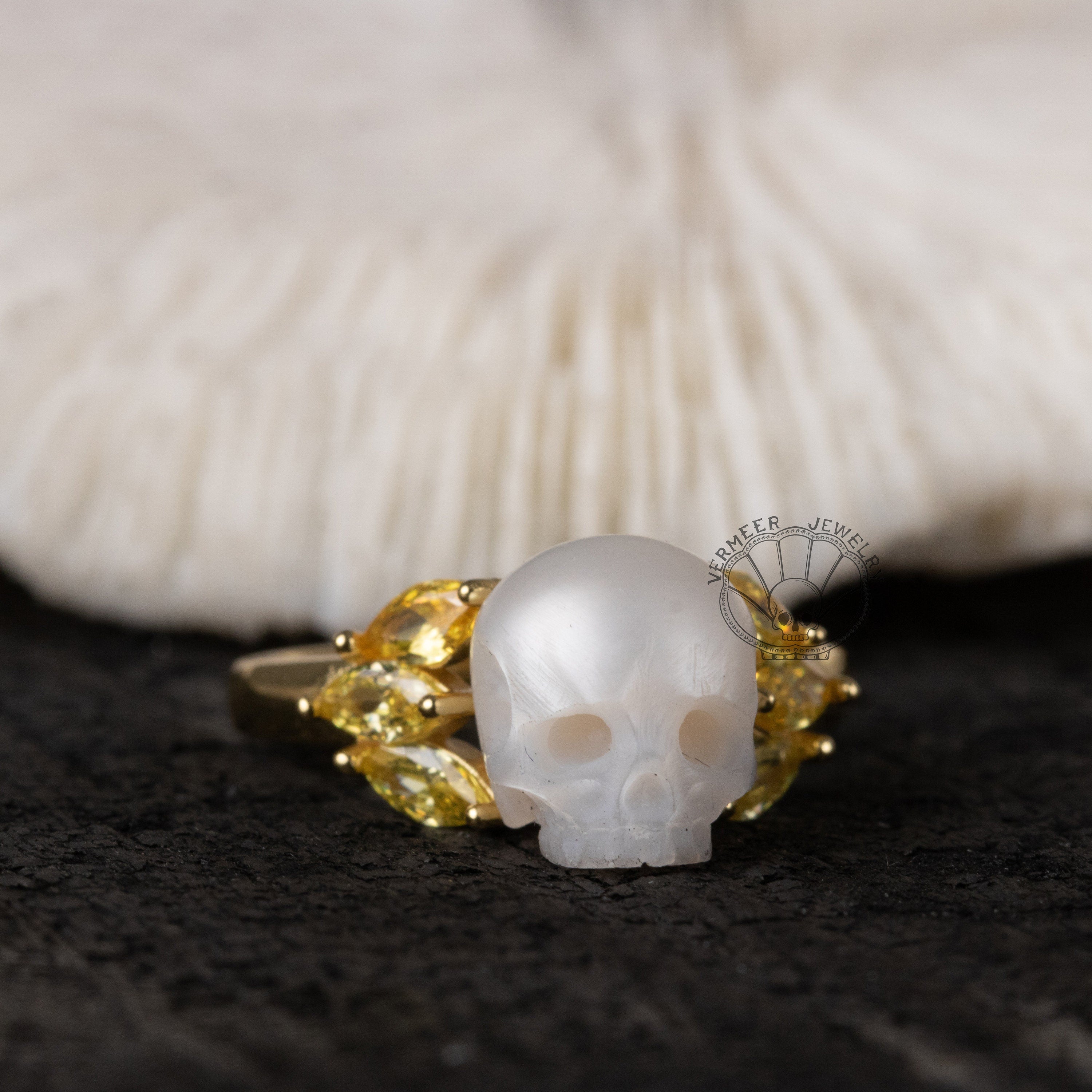 skull carved pearl ring handmade sterling silver engagement ring with zircon for wedding