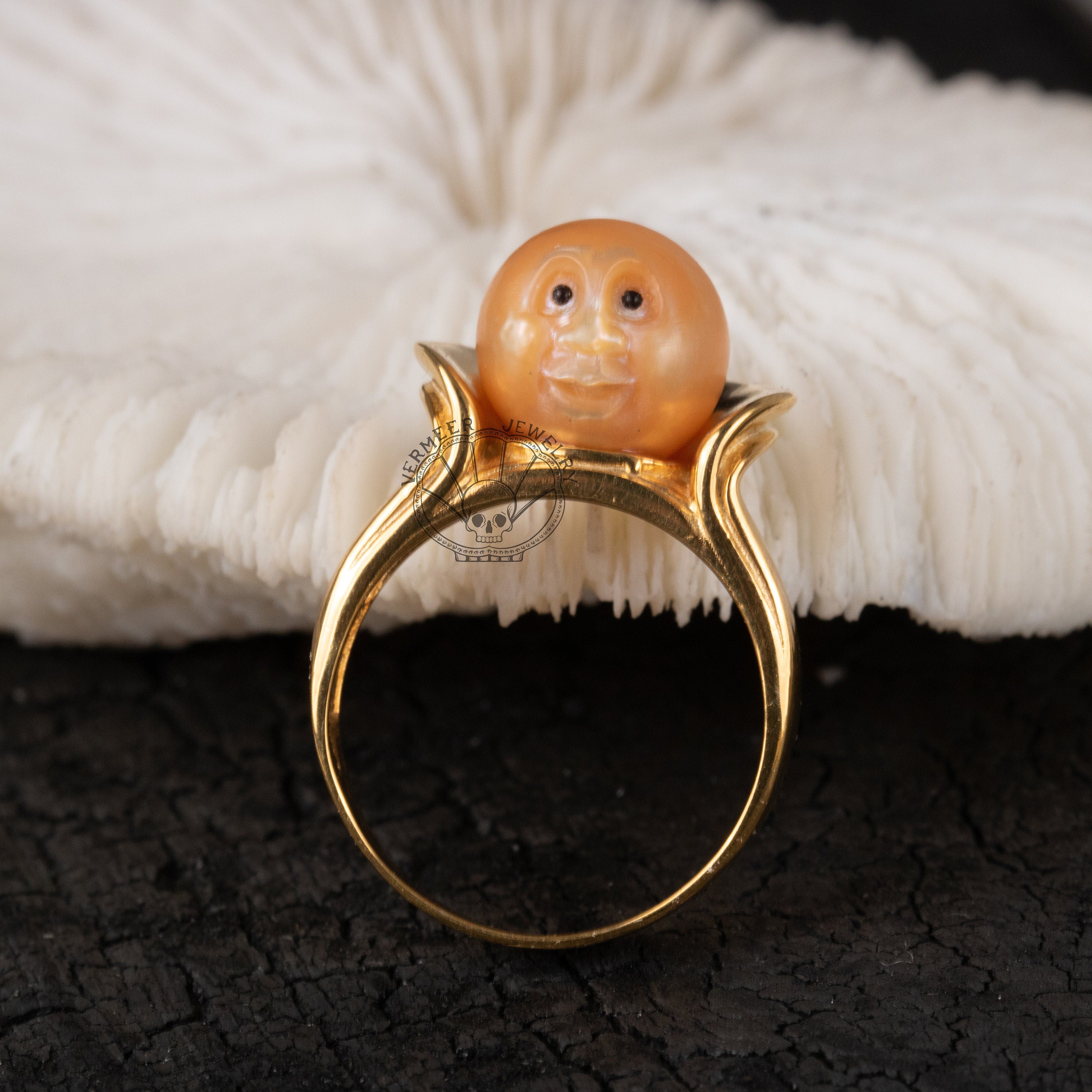 moon face pearl ring handcarved freshwater pearl ring proposal ring singing ring for lover