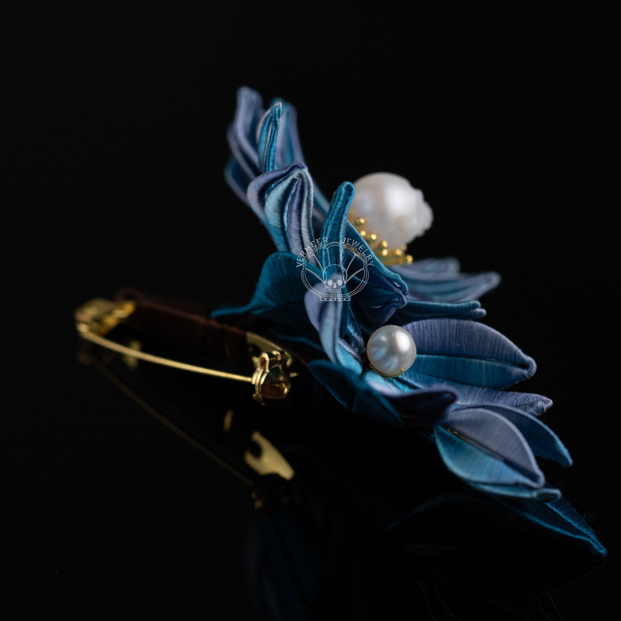 skull carved pearl brooch handmade silk flower brooch ''blue dream'' gothic hair comb