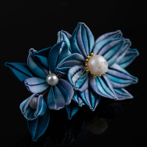skull carved pearl brooch handmade silk flower brooch ''blue dream'' gothic hair comb
