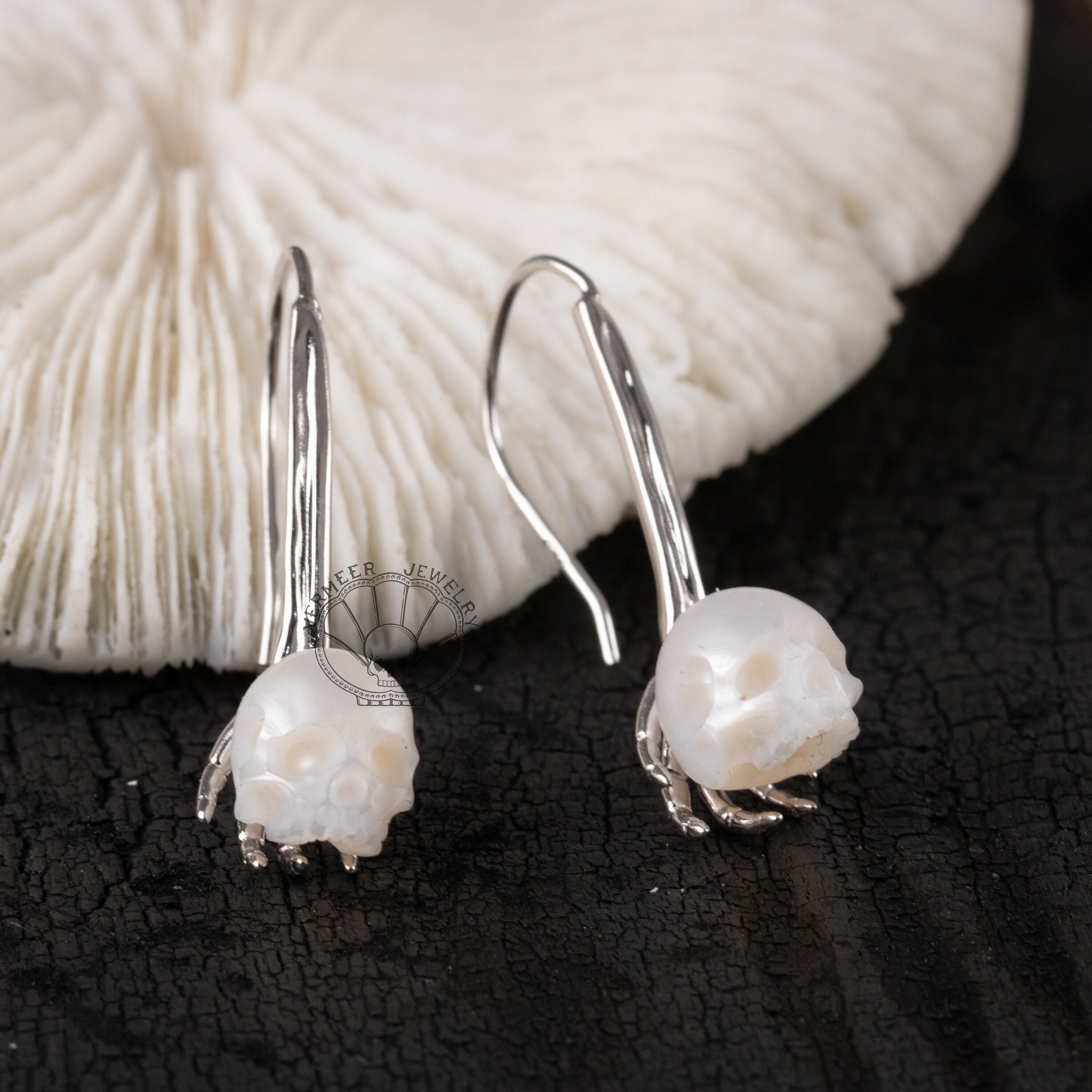 skull carved pearl earring hook sterling silver hand shape earring ivory freshwater pearl earring gothic jewelry gift for wedding