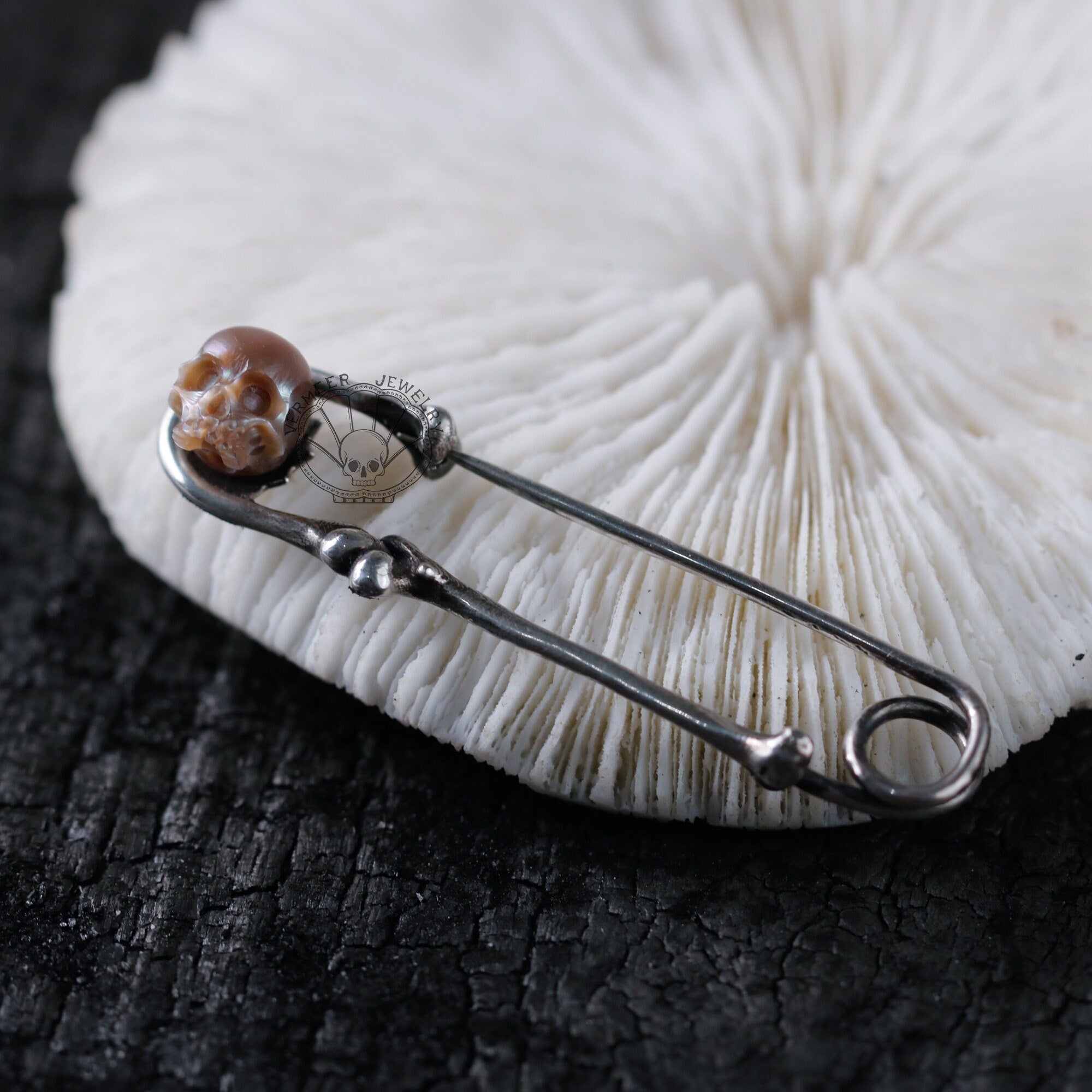 skull carved pearl brooch handmade sterling silver brooch gothic jewelry for wedding