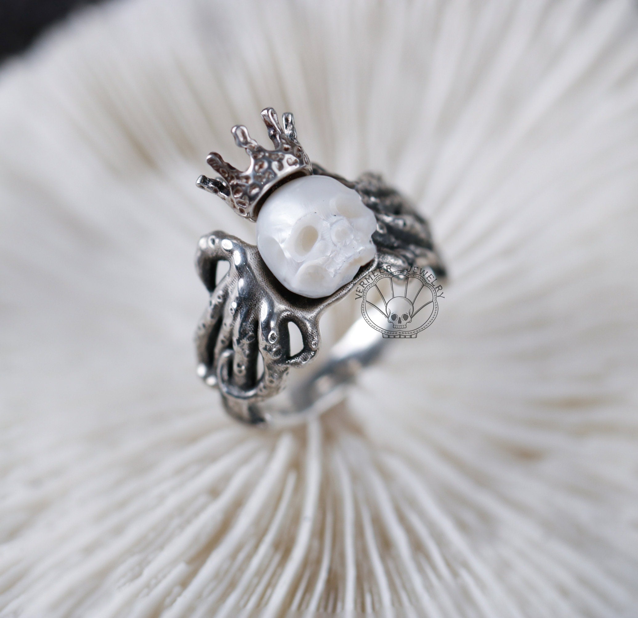 Octopus Ring pearl skull ring sterling silver pearl carved skull ring engagement ring gift for wedding for lover