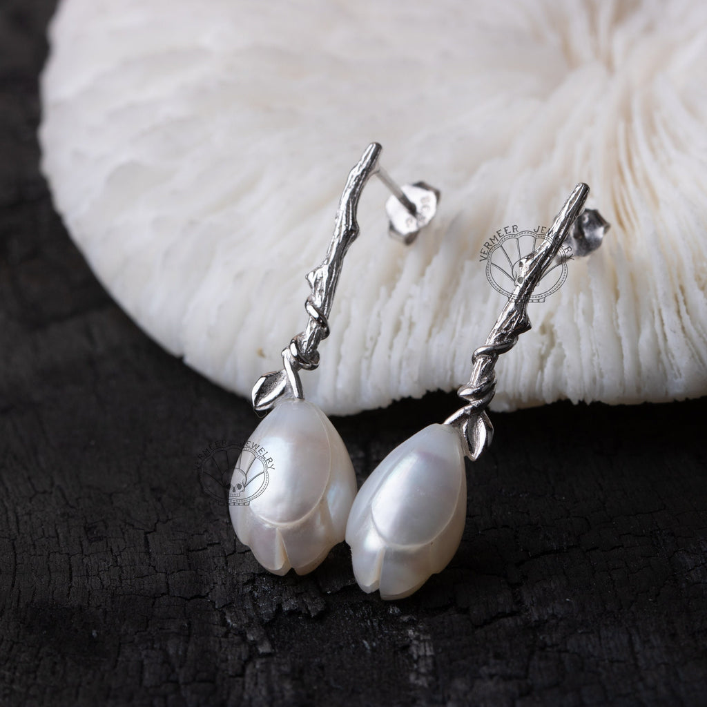 pearl carved earring rose freshwater pearl natural handmade 925 silver earring with zircon gift for lover