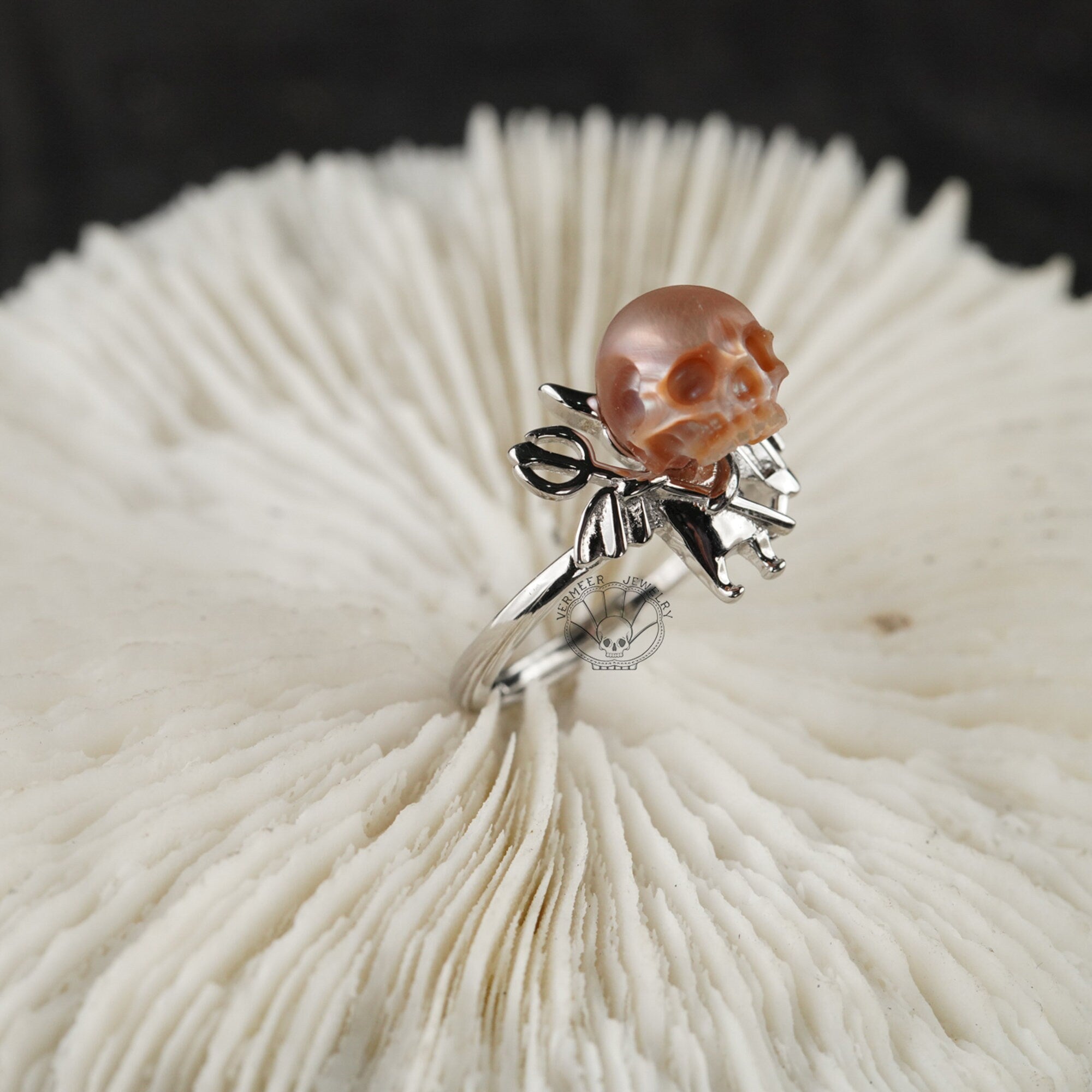 pearl skull ring ''Little Devil '' with  Trident sterling silver rings gothic dark jewelry engagement ring for wedding