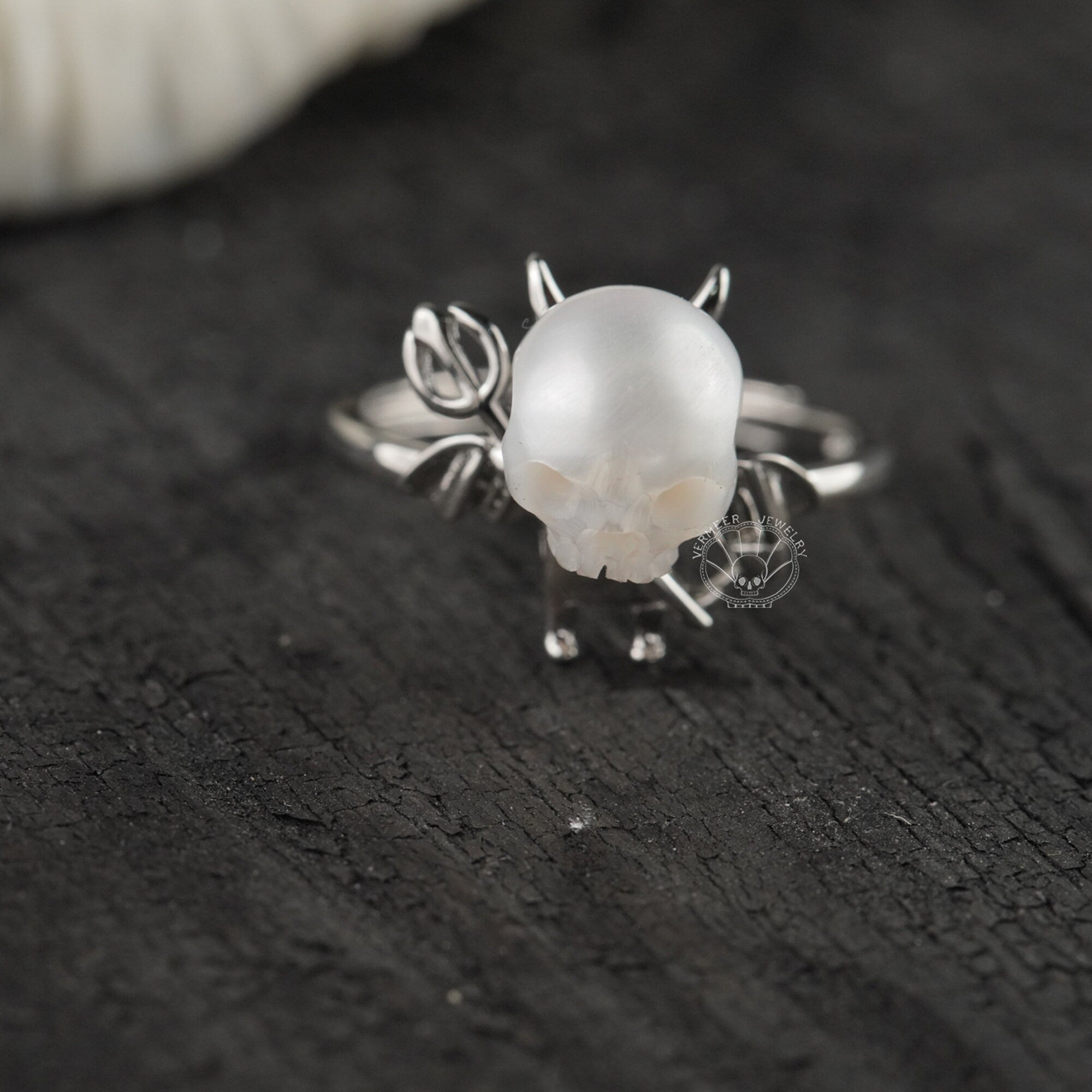 pearl skull ring ''Little Devil '' with  Trident sterling silver rings gothic dark jewelry engagement ring for wedding