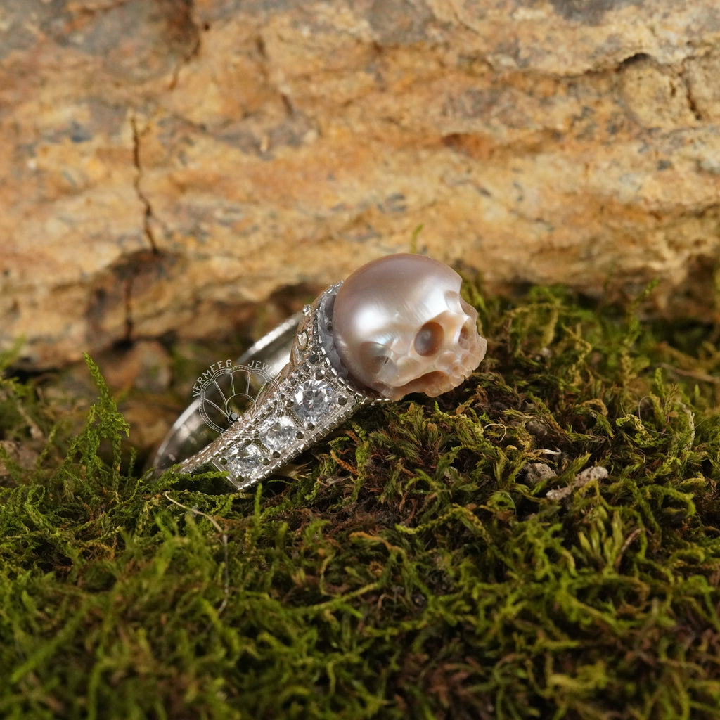 pearl carved skull ring freshwater pearl classic style with zircon 925 silver engagement ring for wedding