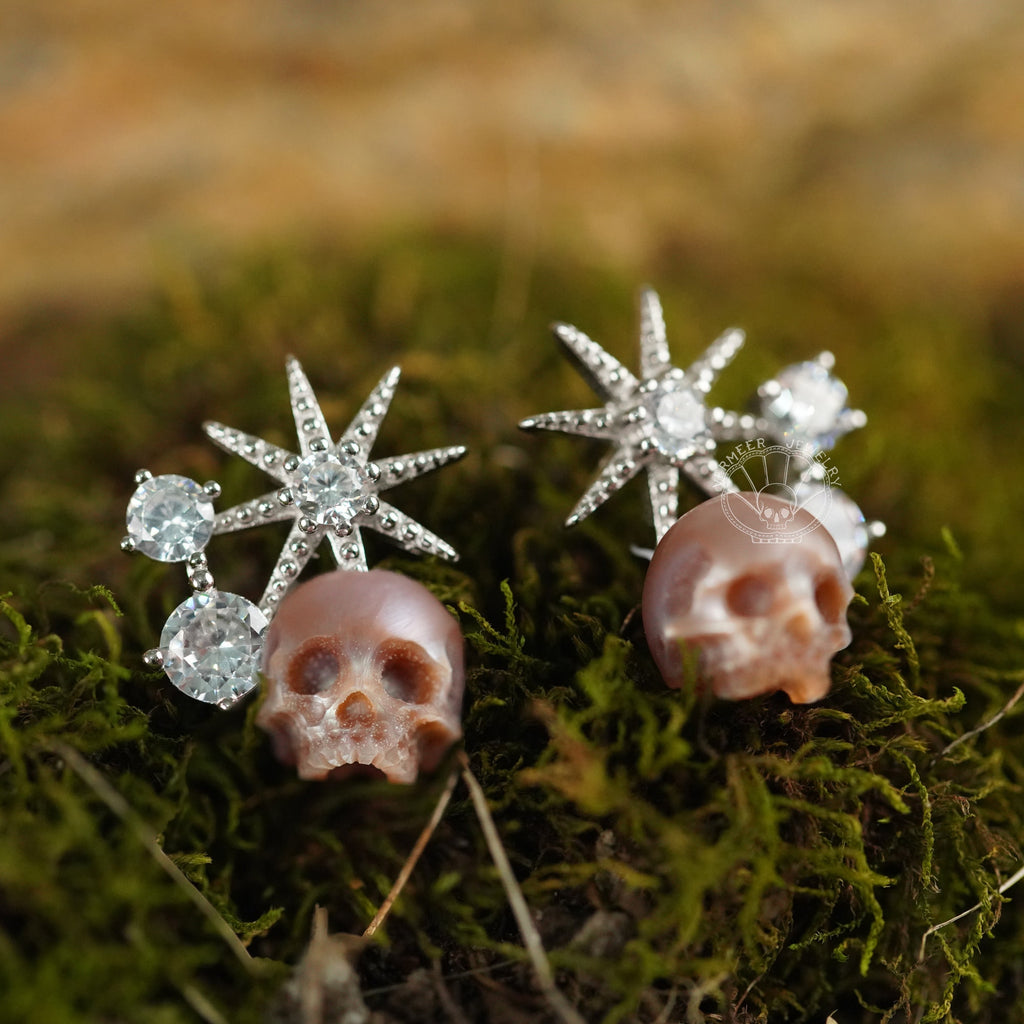 Starfish Earring skull carved pearl S925 silver earring