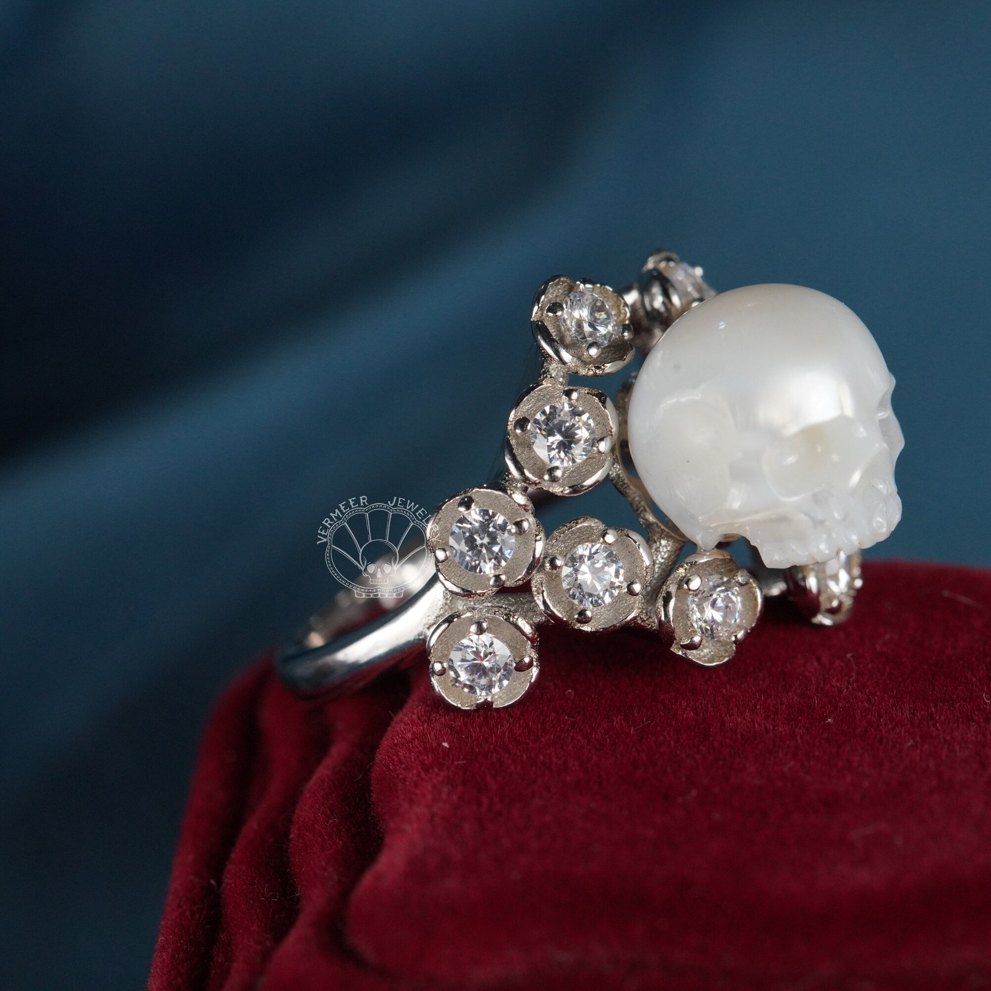 pearl skull ring with shining gem flower sterling silver rings gothic dark jewelry engagement ring for wedding