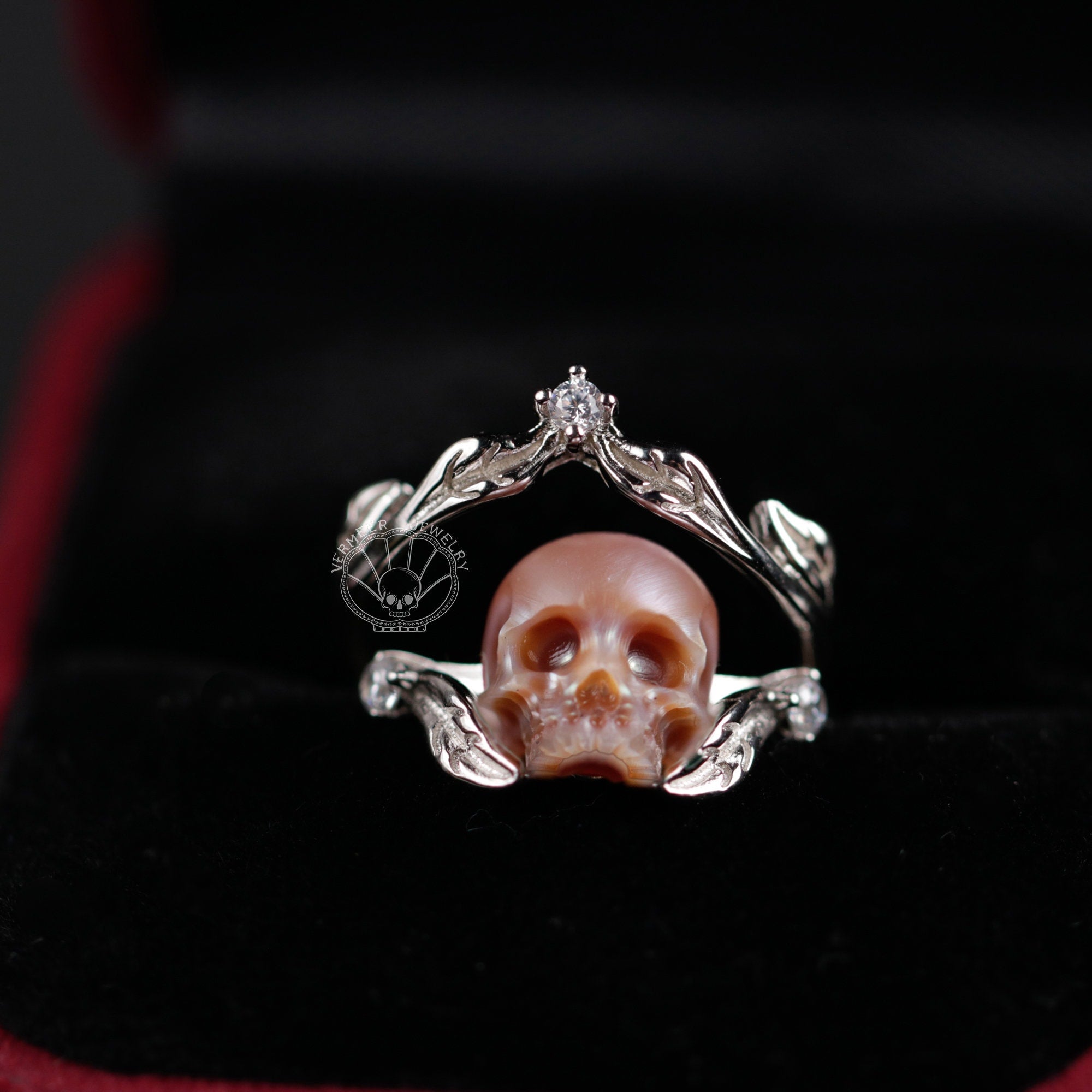 pearl carved skull ring &#39;&#39;elve of the forest&#39;&#39; stacking bands sterling silver rings for women gothic dark jewelry statement ring gift for her.jpg