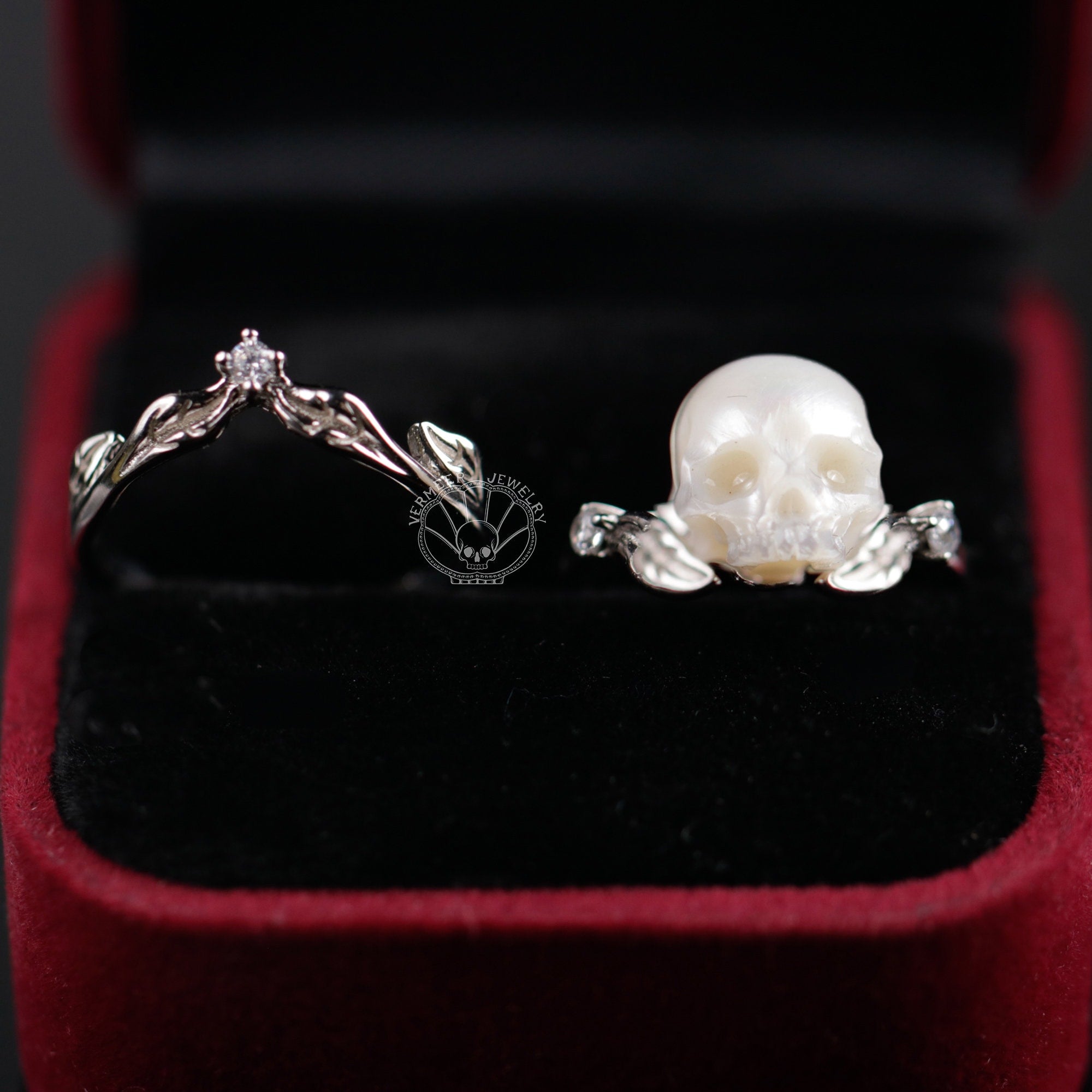 pearl skull ring ''elve of the forest'' stacking bands sterling silver rings gothic dark jewelry engagement ring for wedding