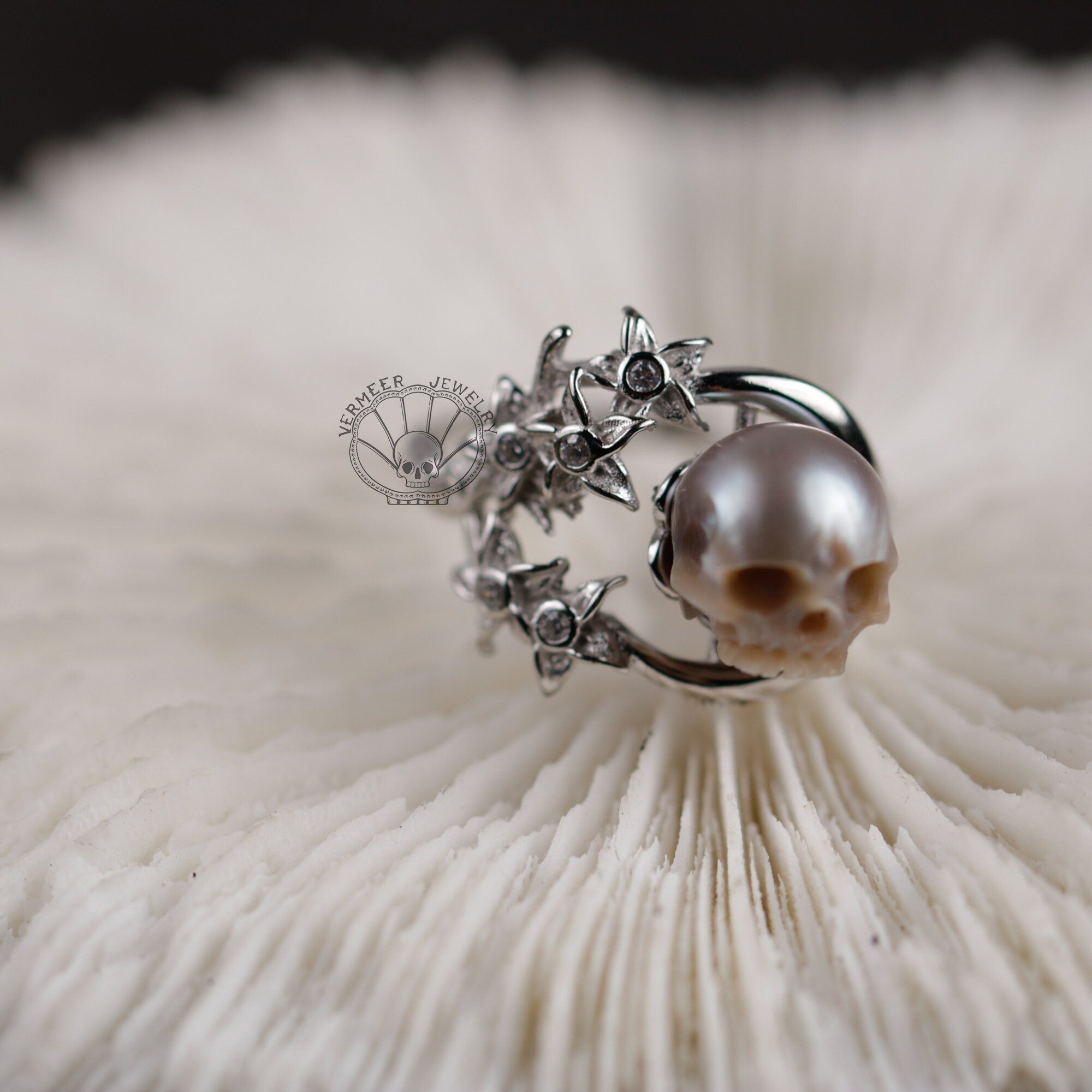 skull carved pearl ring "whispering of the lily '' handmade jewelry for promise ring