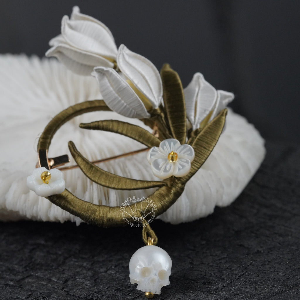 skull carved pearl brooch ''Lily of the valley'' handmade silk flower brooch for wedding