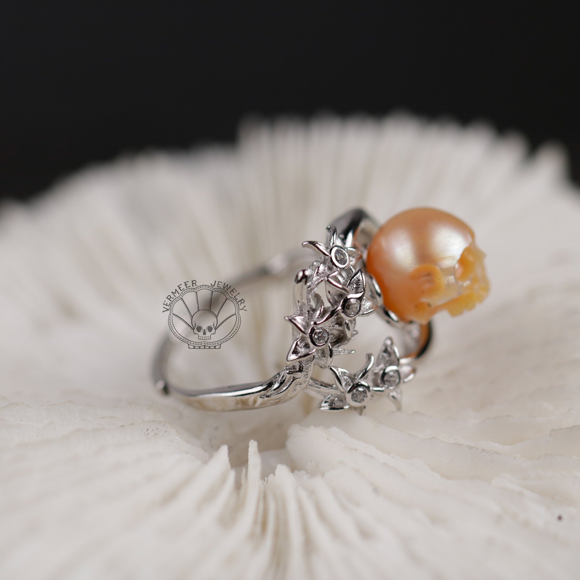 skull carved pearl ring "whispering of the lily '' handmade jewelry for promise ring