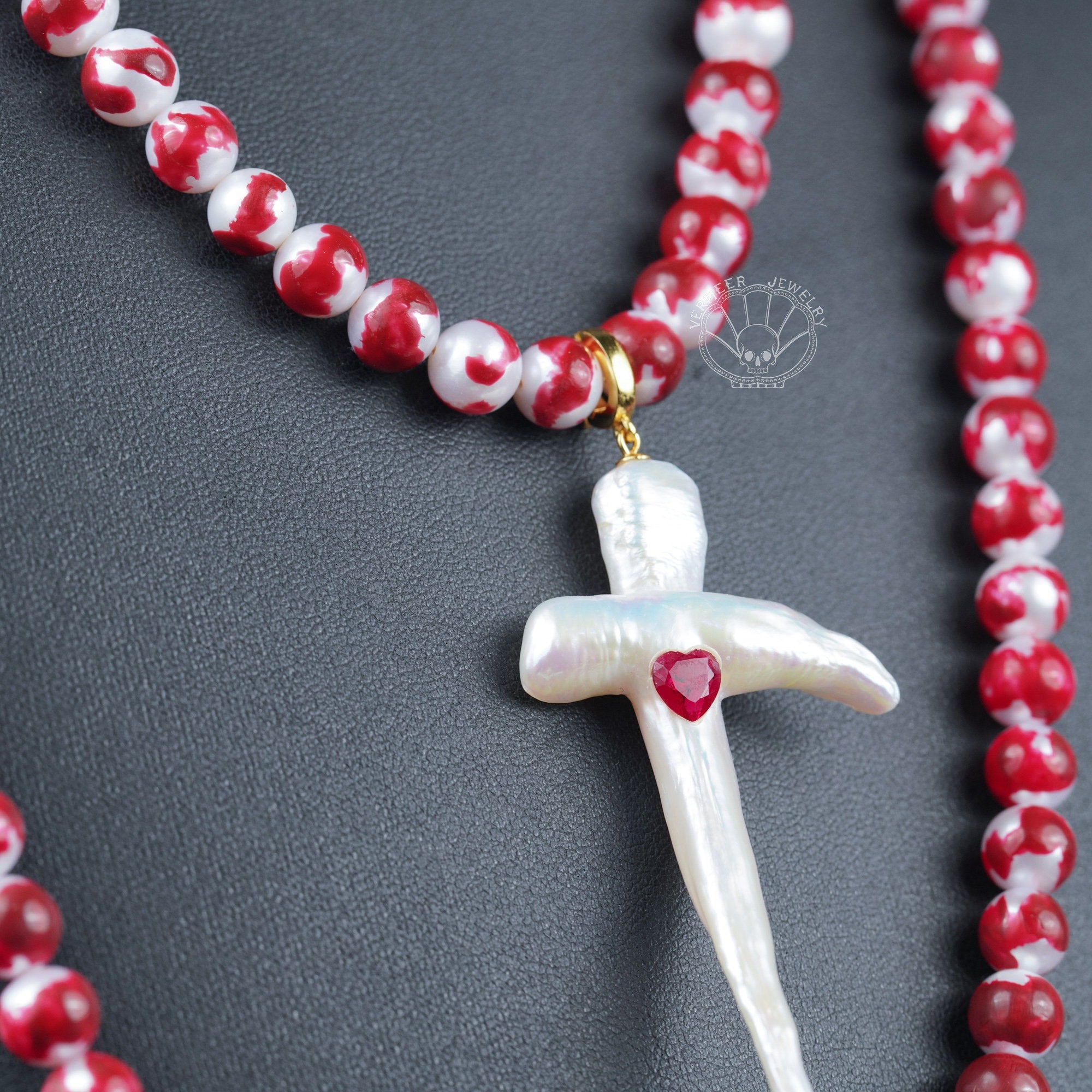 blood pearl necklace with a natural cross shape pearl set with ruby cool for party Halloween gift