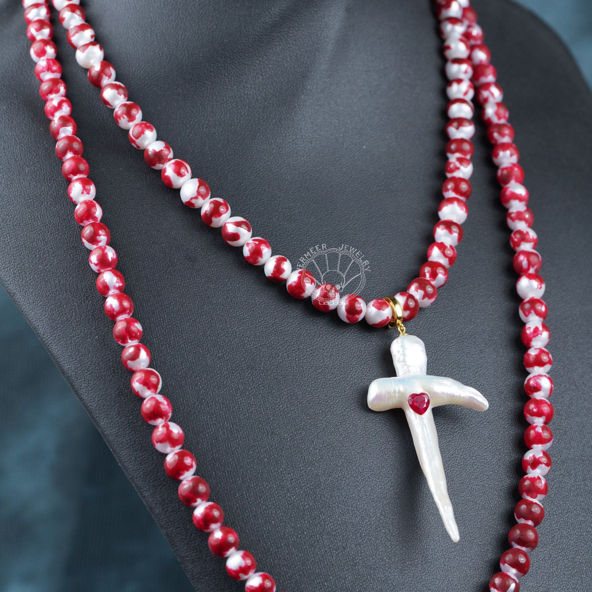 blood pearl necklace with a natural cross shape pearl set with ruby cool for party Halloween gift