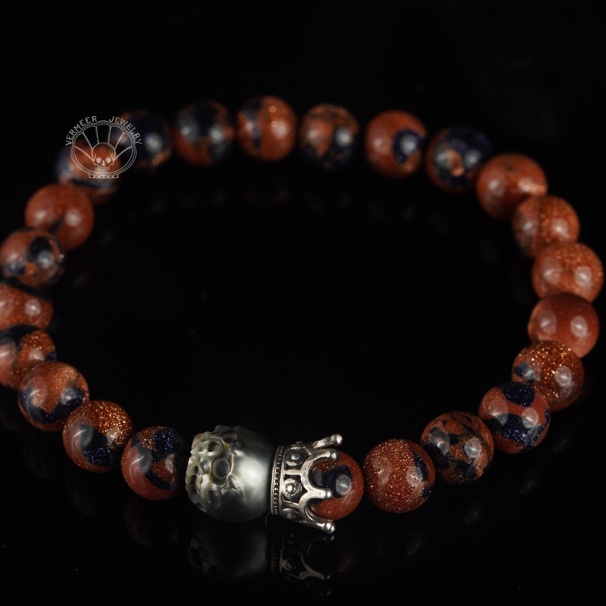 skull carved pearl bracelet black tahiti seawater pearl goldstone energy bracelet
