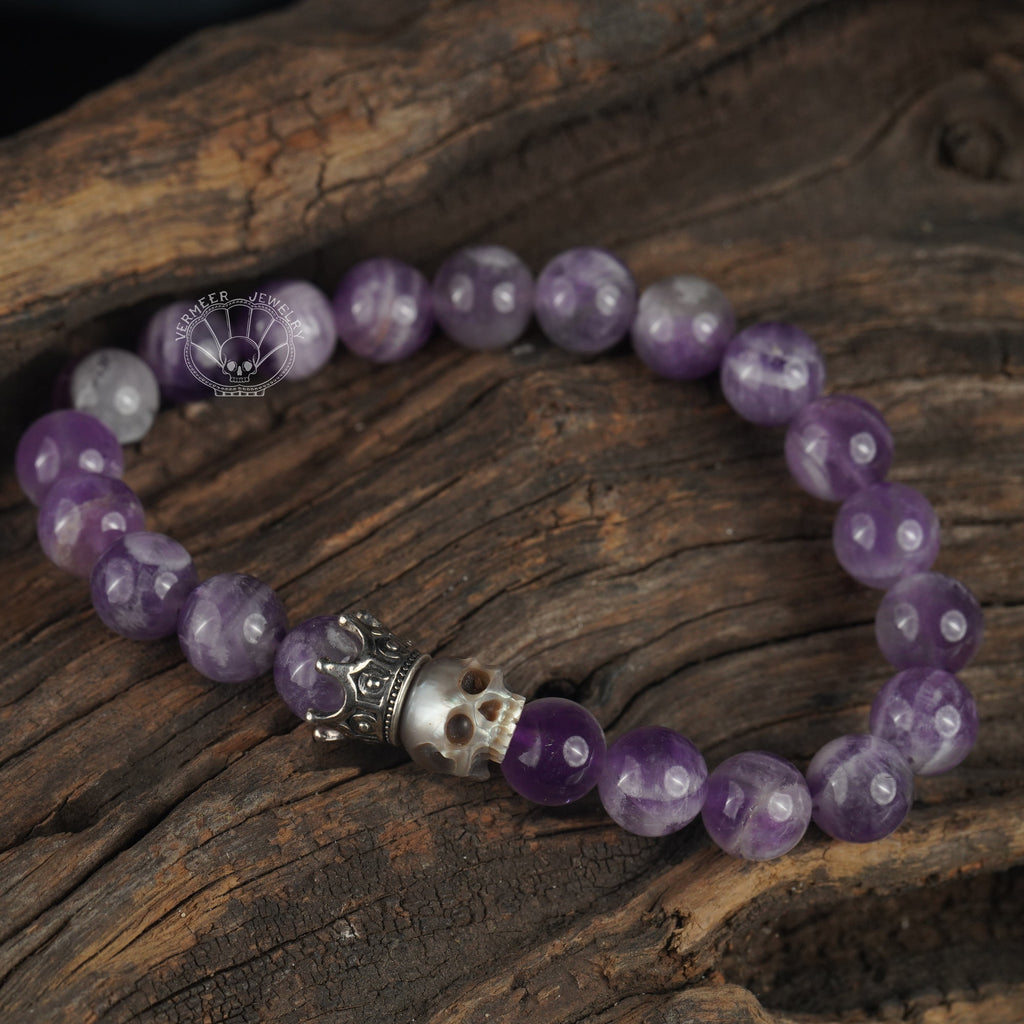 skull carved pearl bracelet grey freshwater pearl with natural amethyst energy bracelet