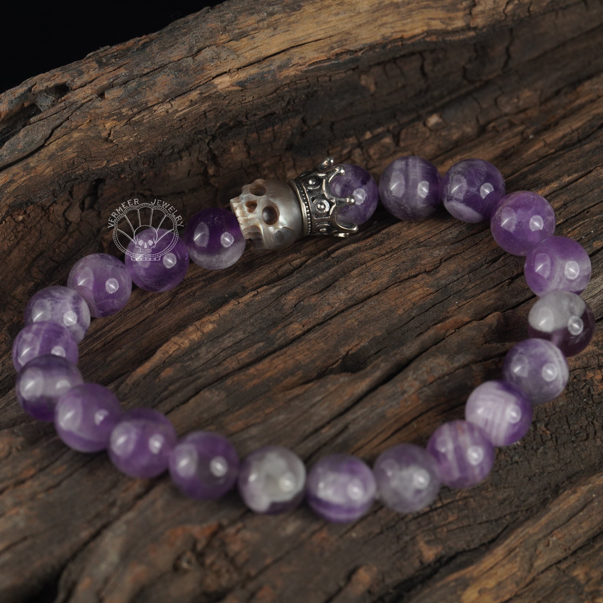 skull carved pearl bracelet grey freshwater pearl with natural amethyst energy bracelet