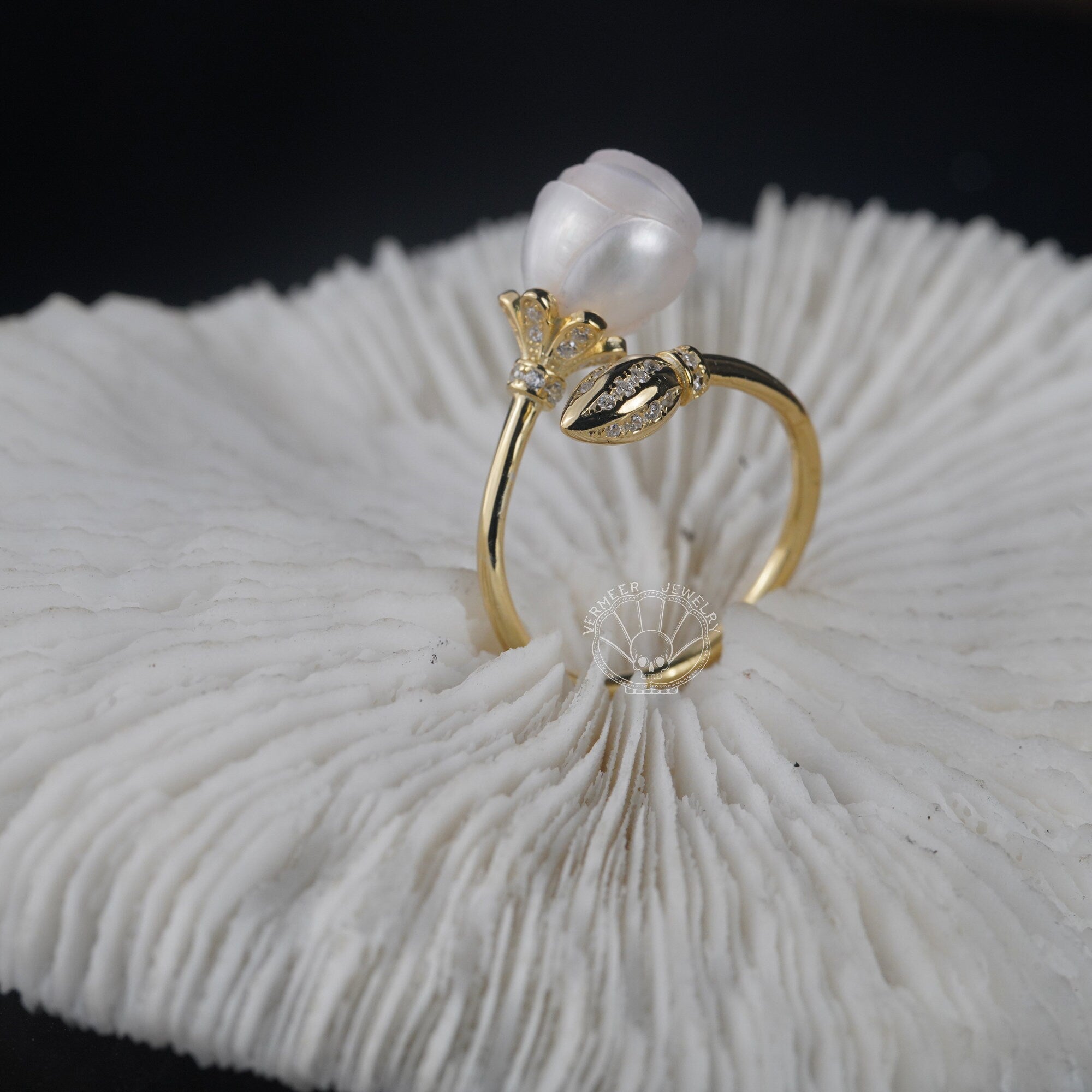 pearl carved ring rose freshwater pearl 10-13mm handmade 925 silver ring bridal gift for mother statement ring