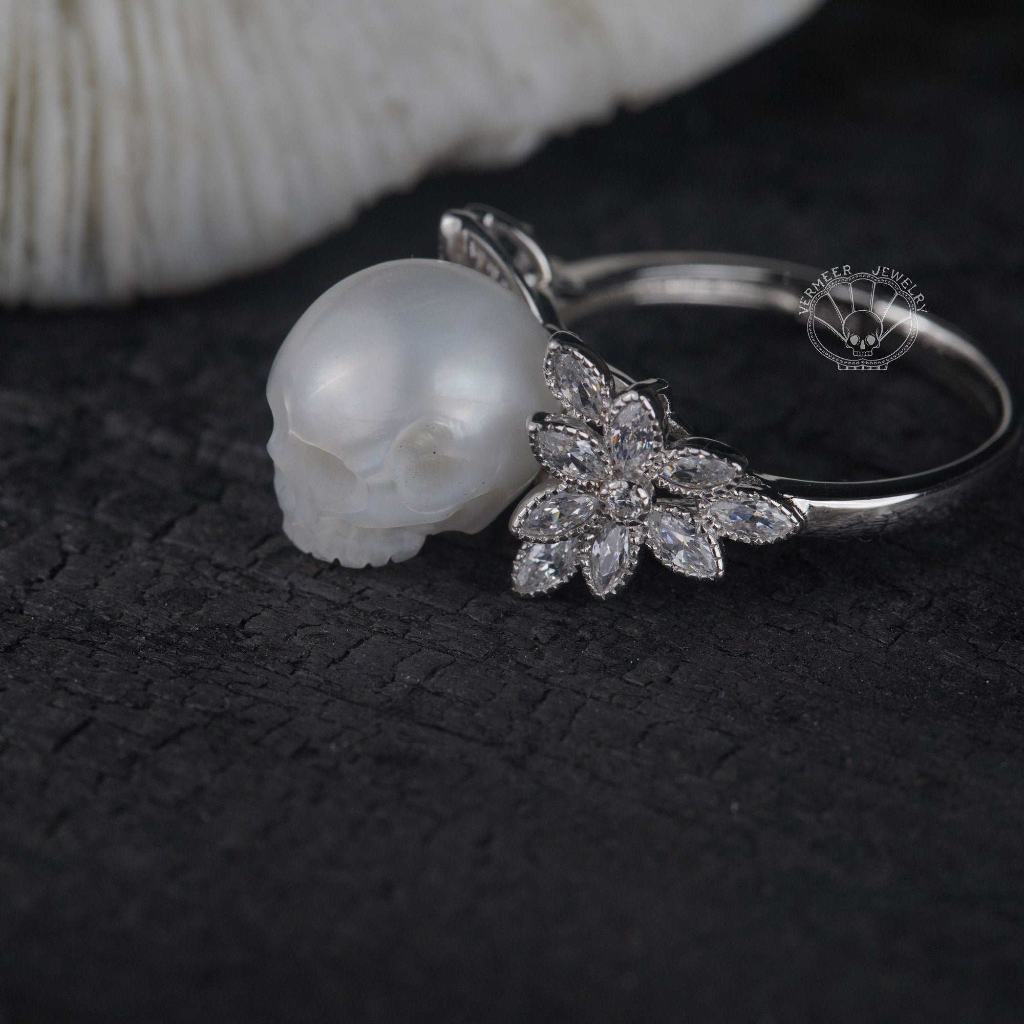 Marquise Diamond ring skull carved pearl ring natural freshwater pearl handmade 925silver engagement ring with zircon for wedding