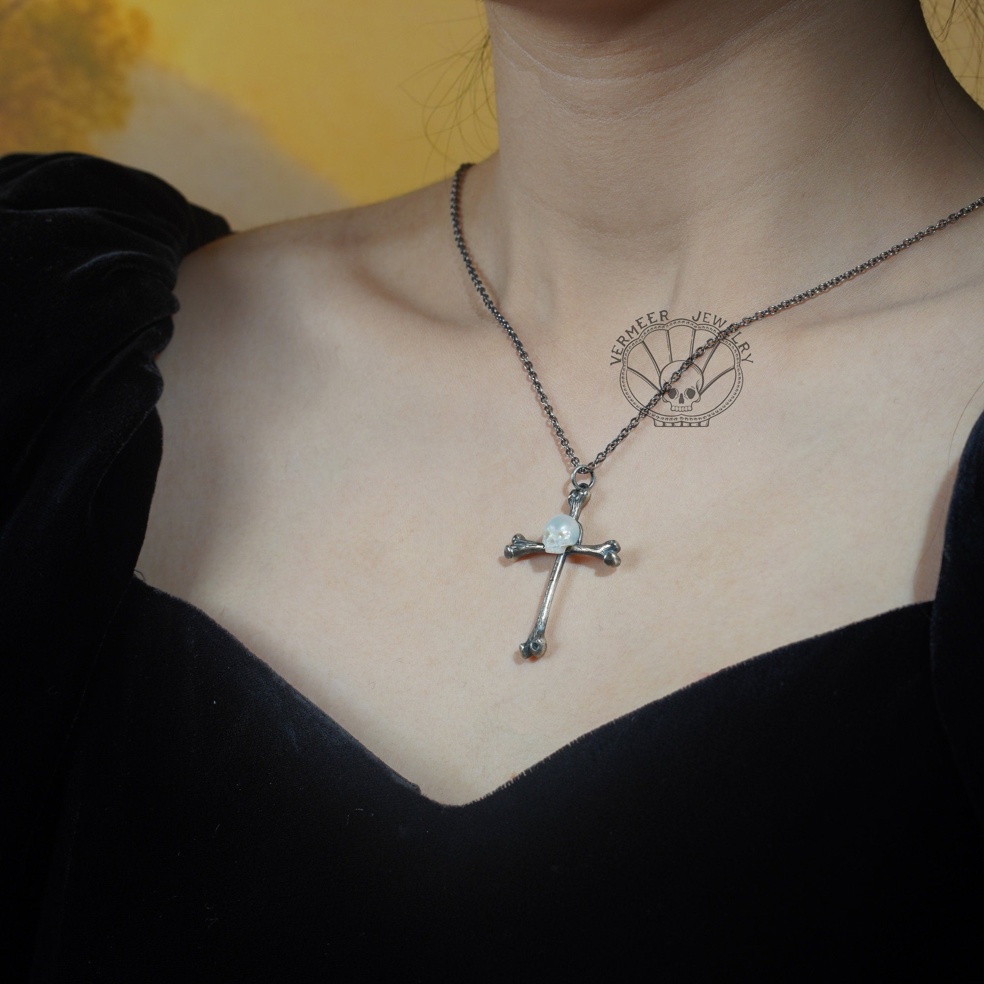 skull carved pearl freshwater pearl handmade 925sterling silver skeleton cross shape necklace gift for lover