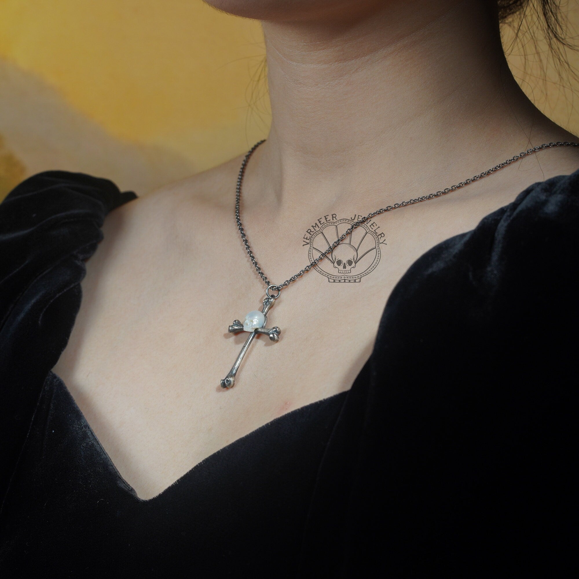 skull carved pearl freshwater pearl handmade 925sterling silver skeleton cross shape necklace gift for lover