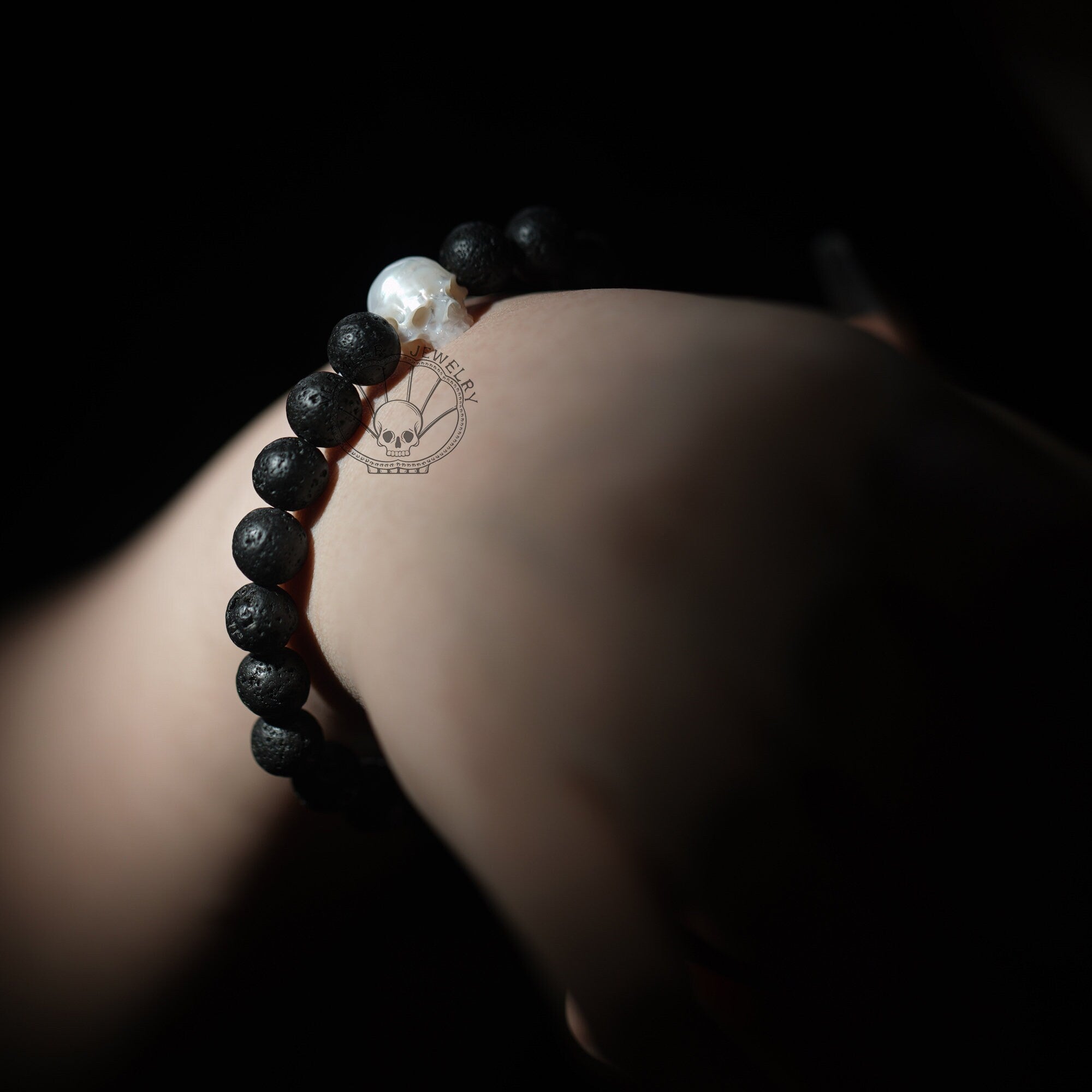 skull carved pearl bracelet ivory freshwater pearl black volcano stone