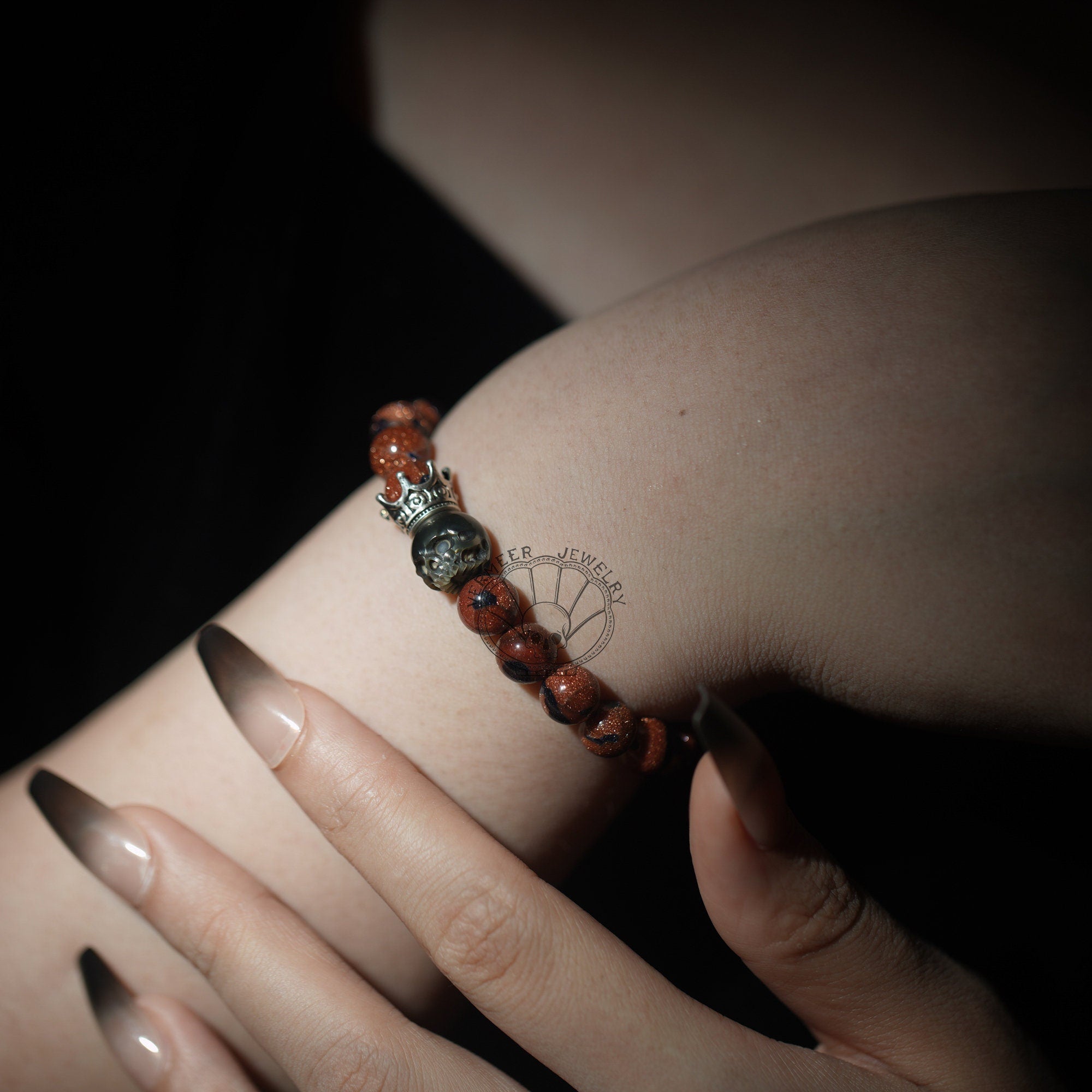 skull carved pearl bracelet black tahiti seawater pearl goldstone energy bracelet
